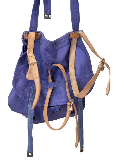 Blue military lunch bag with leather straps, post-WWII, Romanian Army Surplus - Like New