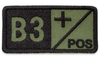 Ecuson grupa sangina B3+ pozitiv, brodat pe suport verde oliv cu fir negru - aplicare Velcro (cu scai) - 7 x 3,5 cm
