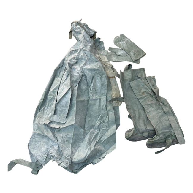 RUBBER ANTICHEMICAL SUIT RUBBER NBC - 3 PIECES - ROMANIAN ARMY MILITARY SURPLUS - OD GREEN - IN GOOD CONDITION
