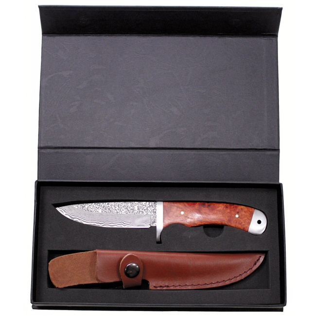 Damask Knife, leather sheath, red quince wood inlay