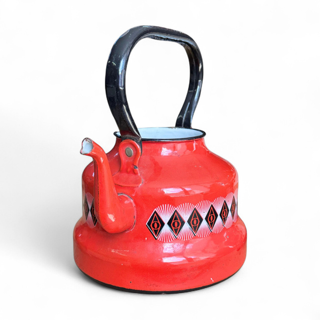 ENAMEL TEAPOT WITHOUT LID - VINTAGE - RUSTIC MOTIF - ROMANIAN ARMY MILITARY SURPLUS - RED - IN GOOD CONDITION