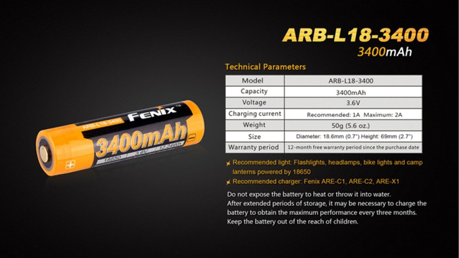 Fenix 18650 - 3400mAh - Rechargeable Battery - ARB-L 18-3400