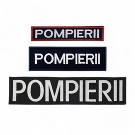 Emblema spate - POMPIERII - brodata pe suport albastru inchis (navy) cu contur rosu si text vernil fluorescent - aplicare prin coasere - 20x5 cm