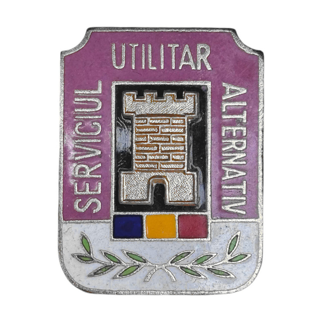 METAL BADGE - ALTERNATIVE UTILITARY SERVICE - ROMANIAN ARMY MILITARY SURPLUS - SILVER