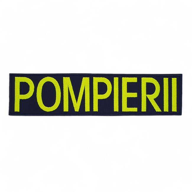 Emblema spate - POMPIERII - brodata pe suport negru cu contur rosu si text vernil fluorescent - aplicare Velcro (cu scai) - 20x5 cm