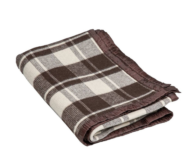 WOOL TARTAN BLANKET WHITE-BROWN PLAID - 145 x 200 CM - GENUINE MILITARY SURPLUS ROMANIAN ARMY - IN GOOD CONDITION