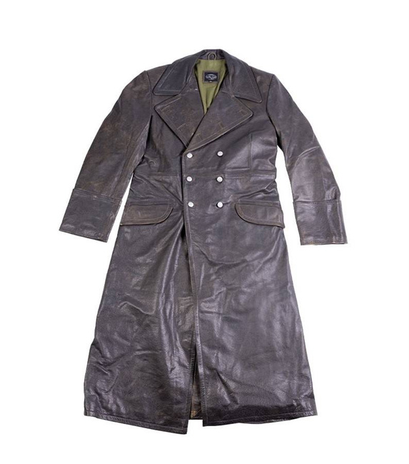 GERMAN OFFICER REPRO LEATHER COAT - BLUE GREY - MILITARY SURPLUS - USED