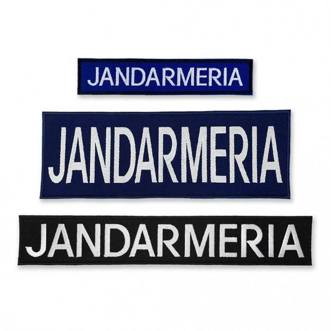 Emblemă "JANDARMERIA" spate, pe suport bleumarin și aplicare prin coasere - 20x5 cm