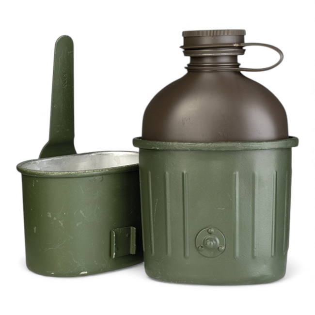 Plastic Water Canteen Set with Metal Cup - Germany Army Military Surplus - OD Green/Black - Used