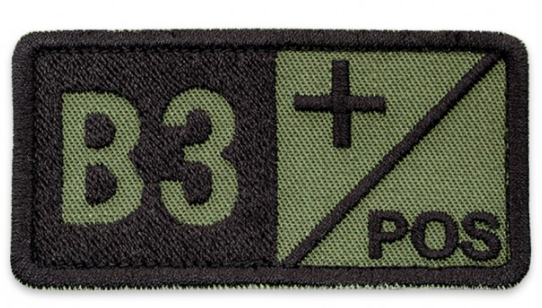 Ecuson grupa sangina B3+ pozitiv, brodat pe suport verde oliv cu fir negru - aplicare Velcro (cu scai) - 7 x 3,5 cm