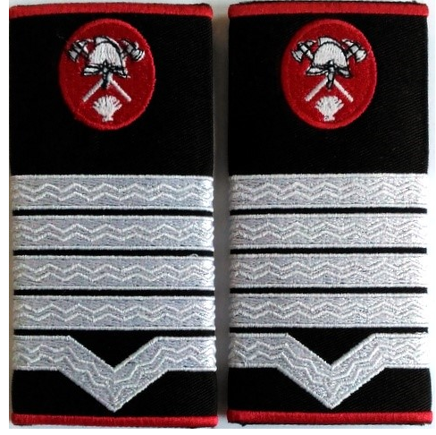 Grade maistru militar clasa I Pompieri ISU, IGSU, țesute pe suport textil din tercot lipit, cu semn de armă metalic