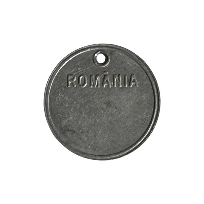 Metal round pendant with ROMANIA inscription and attachment hole - Surplus Military Romanian Army - Silver - In Good Condition