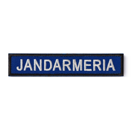 Ecuson "JANDARMERIA" piept, pe suport albastru royal și aplicare prin coasere - 11,5x2,5 cm