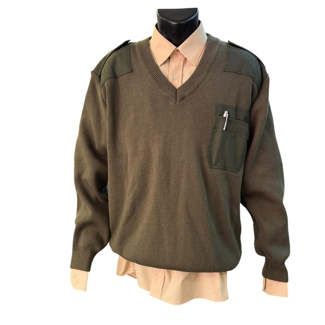 V-Neck Sweater with Epaulettes - Romanian Army Military Surplus - OD Green - In Good Condition