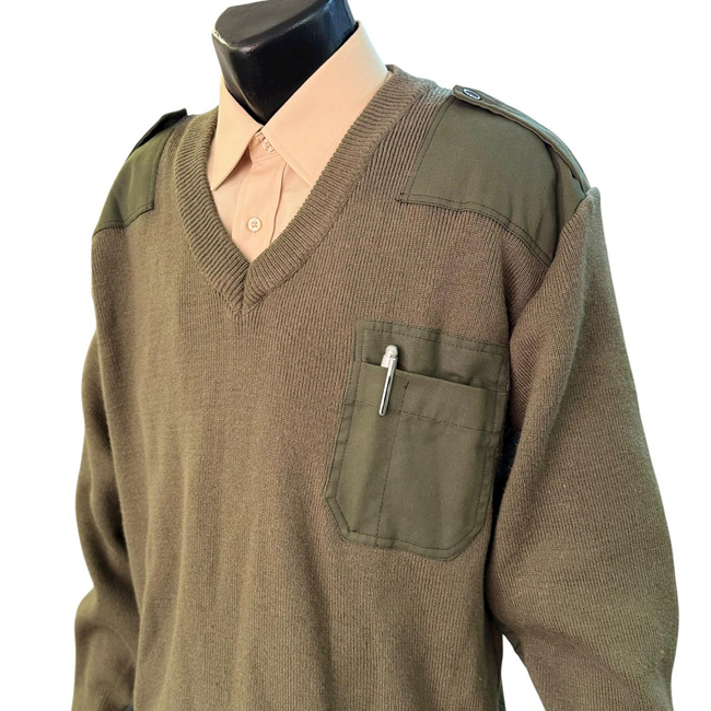 V-Neck Sweater with Epaulettes - Romanian Army Military Surplus - OD Green - In Good Condition