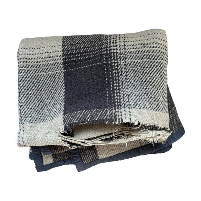 WOOL TARTAN BLANKET WHITE-BROWN PLAID - 140 x 200 CM - GENUINE MILITARY SURPLUS ROMANIAN ARMY - DEGRADATED