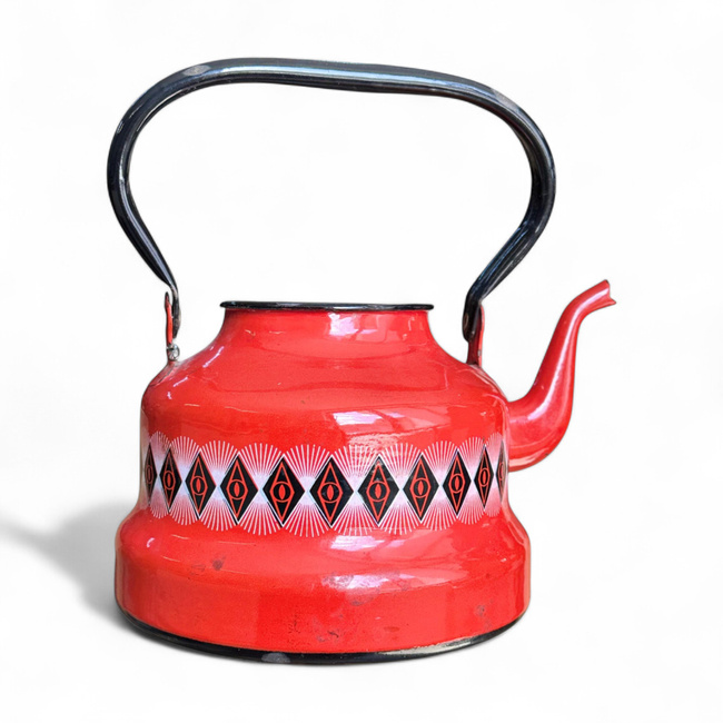 ENAMEL TEAPOT WITHOUT LID - VINTAGE - RUSTIC MOTIF - ROMANIAN ARMY MILITARY SURPLUS - RED - IN GOOD CONDITION
