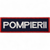 Emblema spate - POMPIERII - brodata pe suport albastru inchis (navy) cu contur rosu si text alb - aplicare termica - 28x10 cm