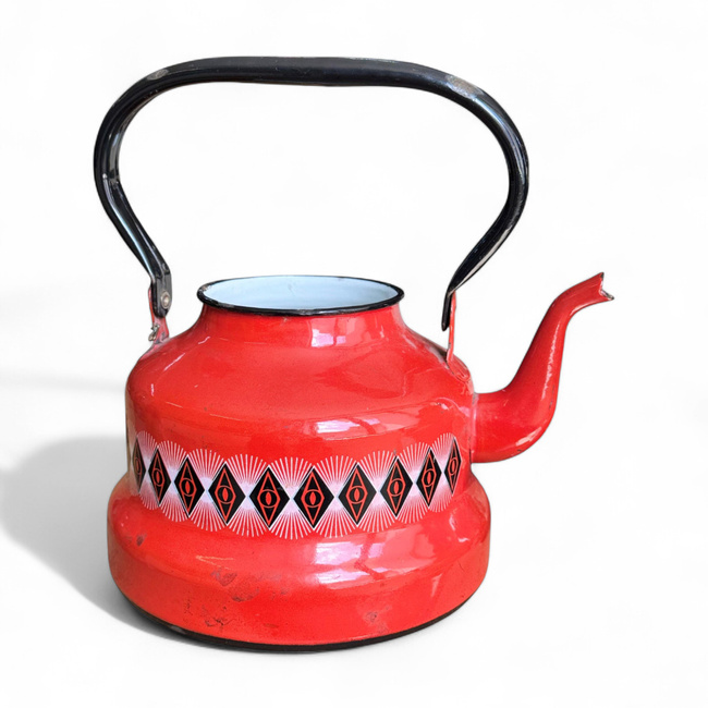 ENAMEL TEAPOT WITHOUT LID - VINTAGE - RUSTIC MOTIF - ROMANIAN ARMY MILITARY SURPLUS - RED - IN GOOD CONDITION