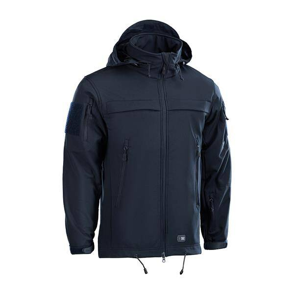 POLICE SOFTSHELL JACKET, DARK NAVY BLUE - M-TAC - WITH VELCRO PANELS AND EPAULETS