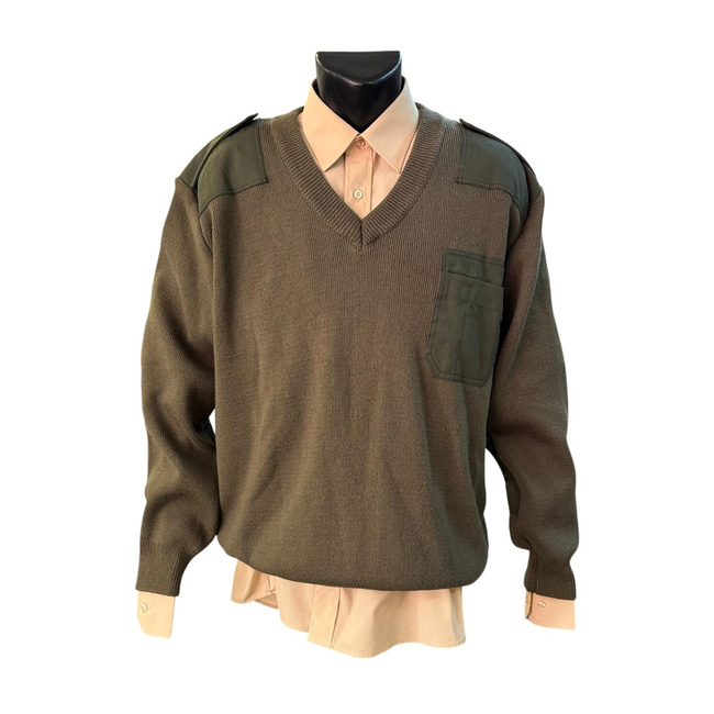 V-Neck Sweater with Epaulettes - Romanian Army Military Surplus - OD Green - In Good Condition