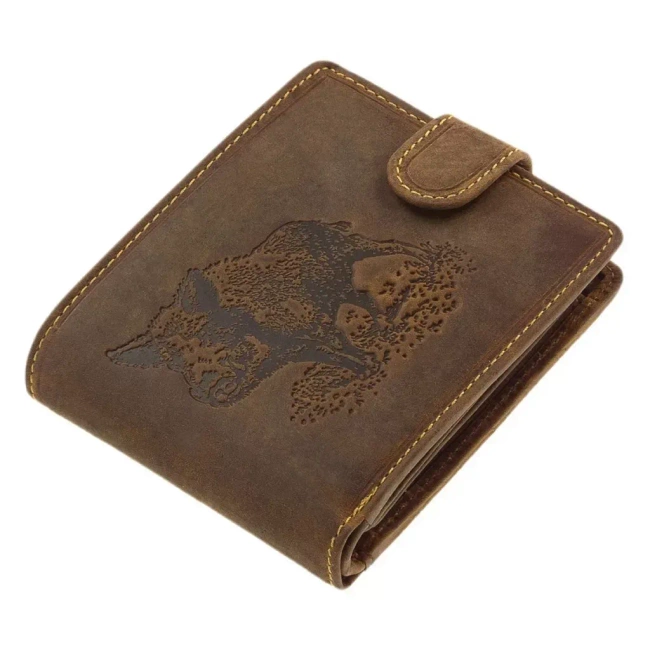 Leather Wallet for Hunters with Print - Wild Boar - Brown - GreenDeed