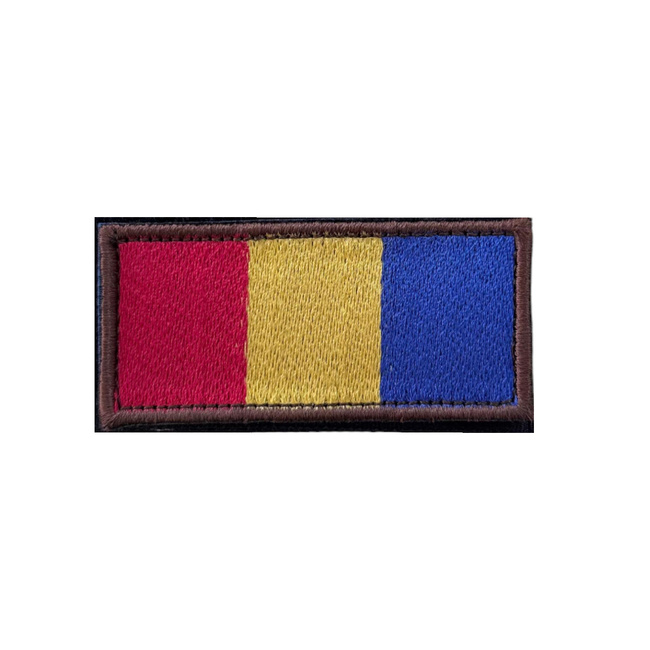 Emblema Steag Romania - 7 x 3,5 cm - Aplicare Velcro (cu scai bleumarin) - Contur Maro surfilat 