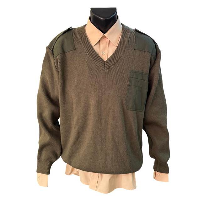 V-Neck Sweater with Epaulettes - Romanian Army Military Surplus - OD Green - In Good Condition