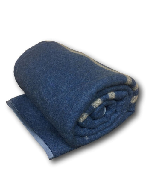 Vintage Wool Blend Blanket - 140 x 200 cm - Romanian Army Military Surplus - Blue with 3 White Stripes - In Good Condition