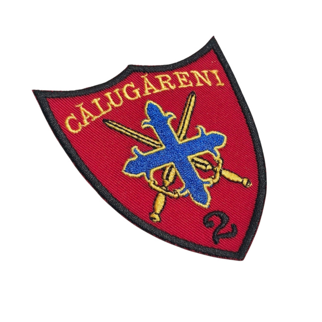 EMBLEMA BRODATA BATALION 2 INFANTERIE MECANIZATA CALUGARENI – SIMBOL AL ELITEI MILITARE - BRODATA PE SUPORT ORAS ROSU
