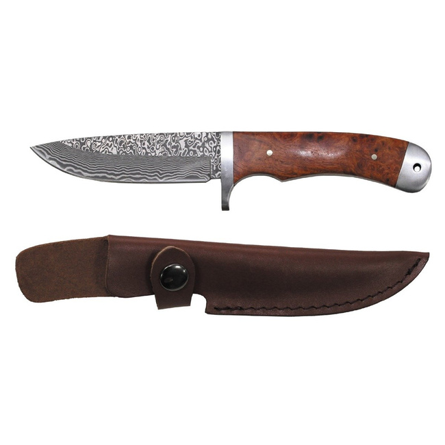 Damask Knife, leather sheath, red quince wood inlay