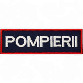 Emblema spate - POMPIERII - brodata pe suport albastru inchis (navy) cu contur rosu si text alb - aplicare termica - 20x5 cm