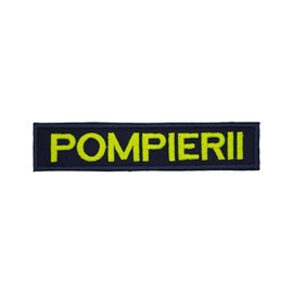 Ecuson POMPIERII piept - brodata pe suport albastru inchis (navy) cu contur bleumarin si text vernil fluorescent - aplicare termica - 10x2,5 cm