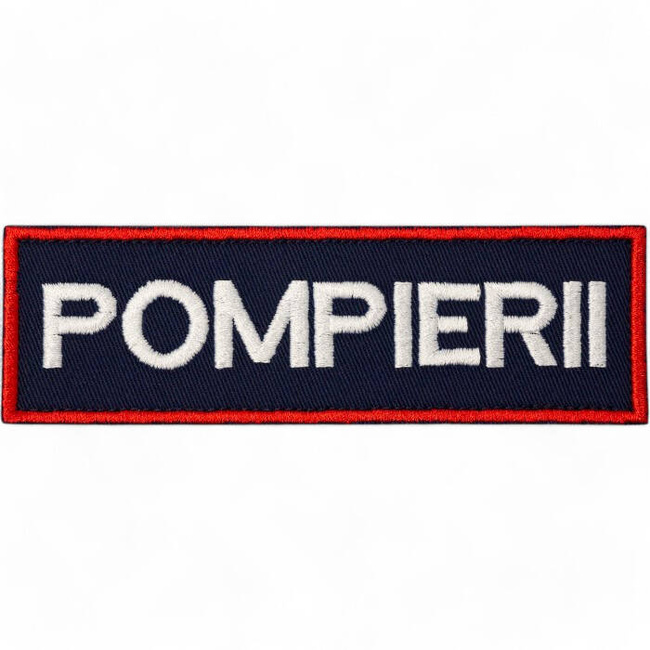 Emblema spate - POMPIERII - brodata pe suport albastru inchis (navy) cu contur rosu si text alb - aplicare prin coasere - 20x5 cm