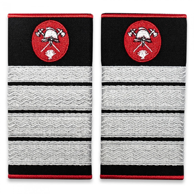 Grade Plutonier Adjutant Șef Pompieri ISU, IGSU țesute pe suport textil din paspoal cusut, cu semn de armă metalic