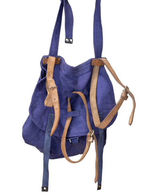 Blue military lunch bag with leather straps, post-WWII, Romanian Army Surplus - Like New