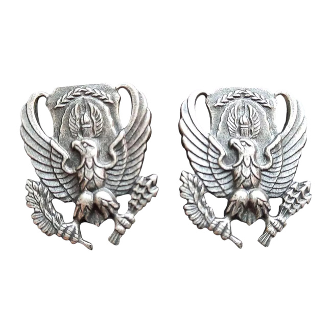 VINTAGE PAIR OF METAL COLLAR BADGES - EAGLE - US AIR FORCE ROTC B.O.S. - US AIR FORCE - AMERICAN ARMY MILITARY SURPLUS - LIKE NEW