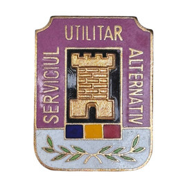 METAL BADGE - ALTERNATIVE UTILITARY SERVICE - ROMANIAN ARMY MILITARY SURPLUS - GOLDEN