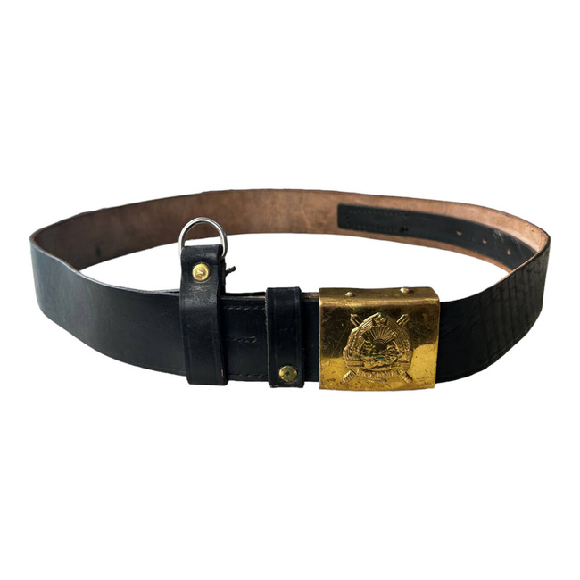 BLACK LEATHER BELT WITH GOLDEN BUCKLE - MILITARY SURPLUS ROMANIAN ARMY - IN GOOD CONDITION