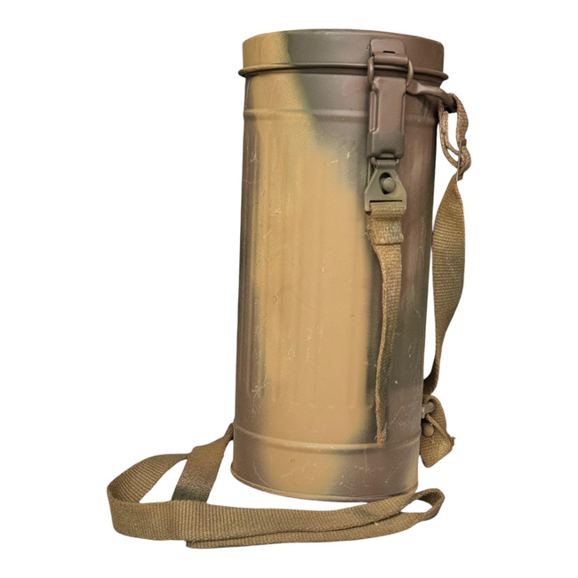 STEEL BOX FOR GAS MASK - WITH STRAP - MILITARY SURPLUS GERMAN ARMY - WWII - REPRO - PAINTED CAMOUFLAGE 3 COLORS (NORMANDY)