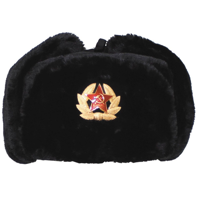 Russian Fur Winter Hat, black, with badge