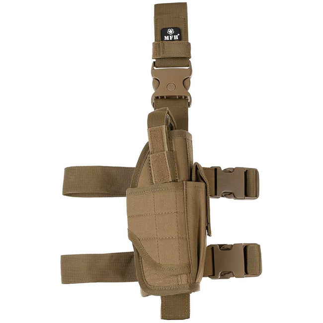 Pistol holster, right thigh, adjustable, coyote