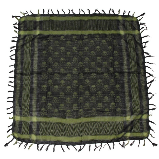 Shemagh (Scarf), fringed, OD green-black with skull