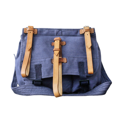  Blue military lunch bag with leather straps, post-WWII, Romanian Army Surplus - Like New