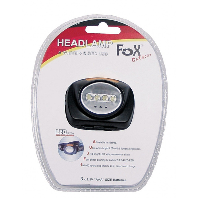 Head Lamp, 4 LED white, 3 red, foldable, black