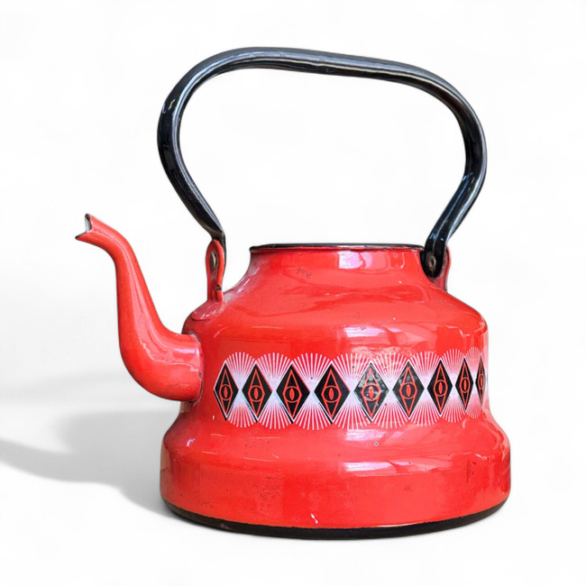 ENAMEL TEAPOT WITHOUT LID - VINTAGE - RUSTIC MOTIF - ROMANIAN ARMY MILITARY SURPLUS - RED - IN GOOD CONDITION