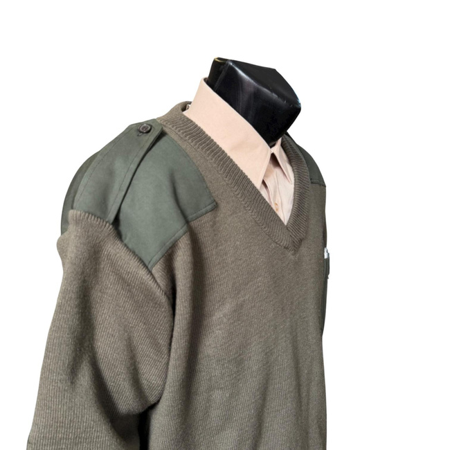 V-Neck Sweater with Epaulettes - Romanian Army Military Surplus - OD Green - In Good Condition