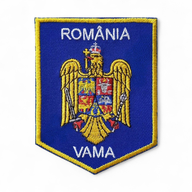 Emblema scut Vama - 8,5 x 6,5 cm - Suport Albastru Royal - Cu scai (Velcro)